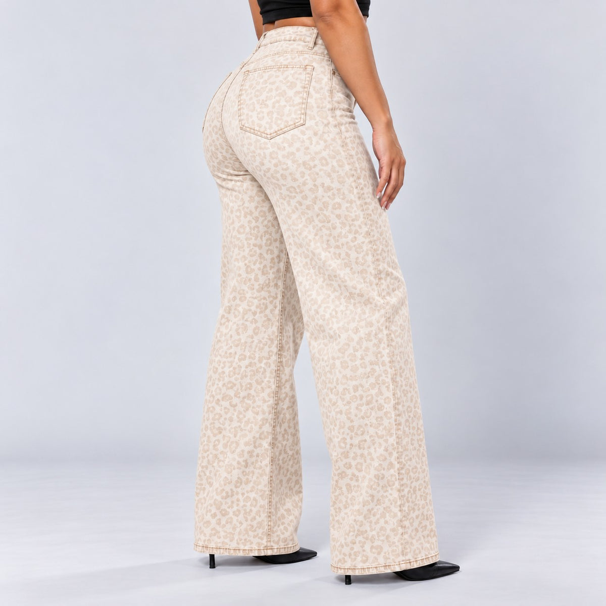 Sculpt Wide Leg BBL jean in white leopard, three-quarter back view