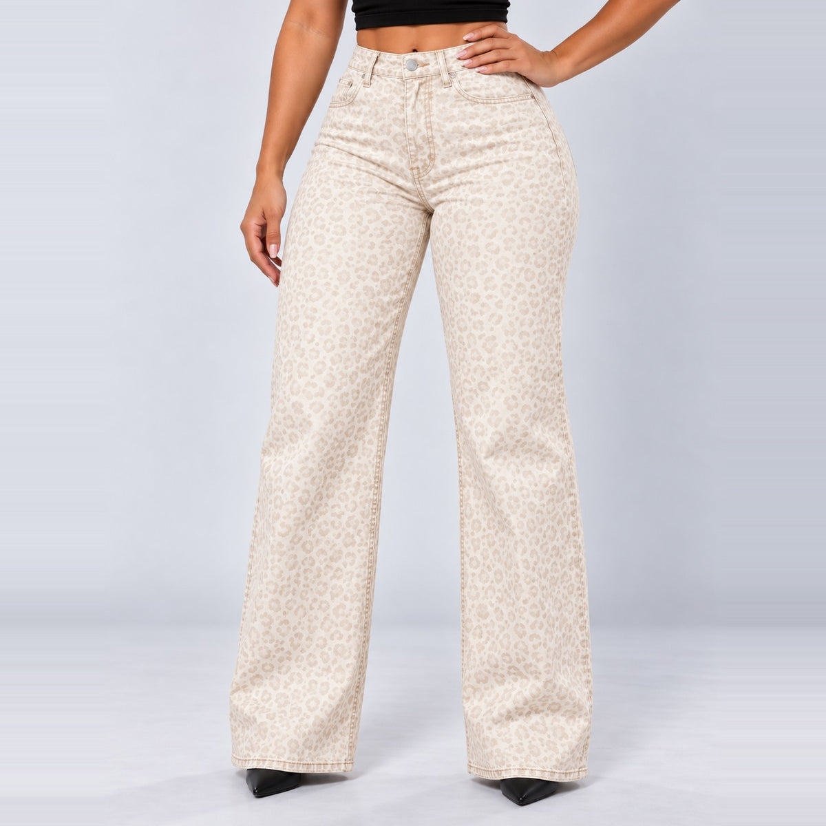 Sculpt Wide Leg BBL jean in white leopard, front view, hand on hip