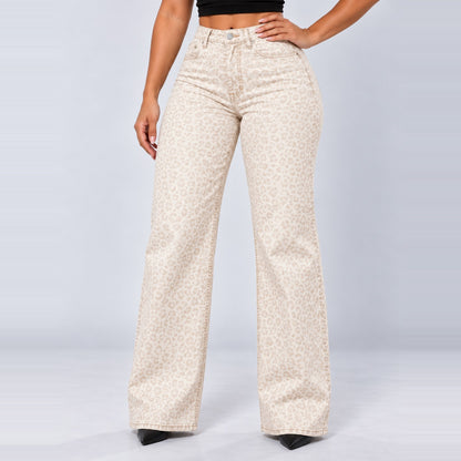Sculpt Wide Leg BBL jean in white leopard, front view, hand on hip