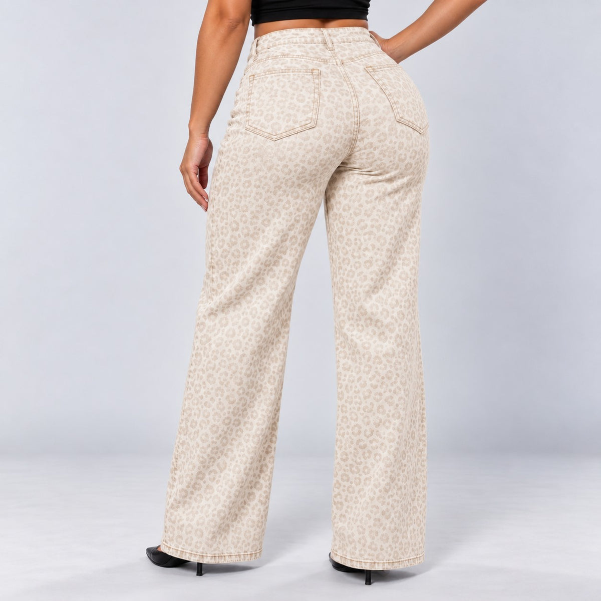 Sculpt Wide Leg BBL jean in white leopard, back view, hand on hip