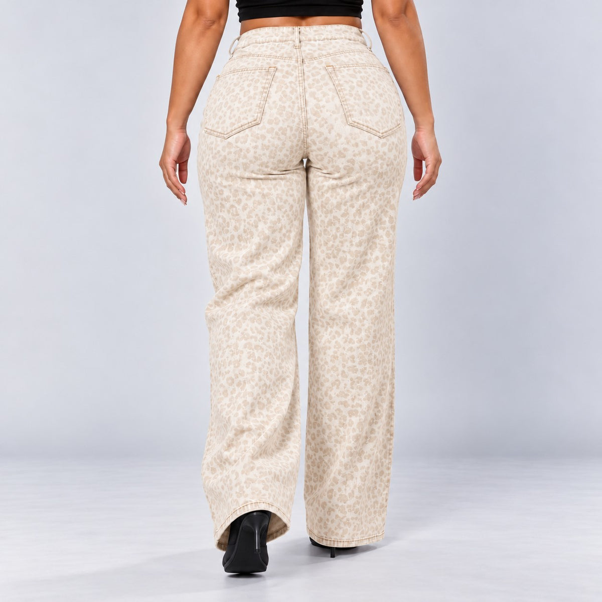 Sculpt Wide Leg BBL jean in white leopard, walking back view