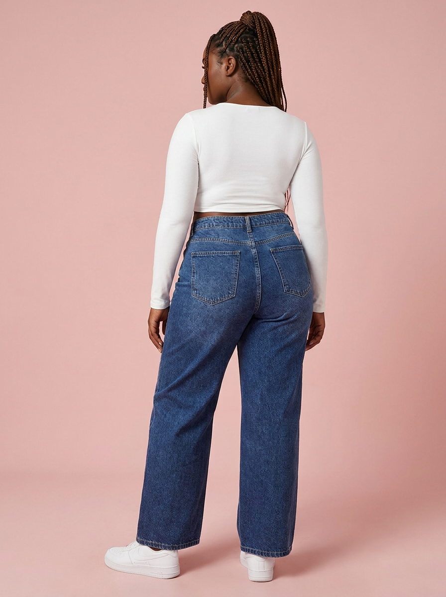 Sculpt Wide Leg BBL Jean in dark blue, back view showing the lift