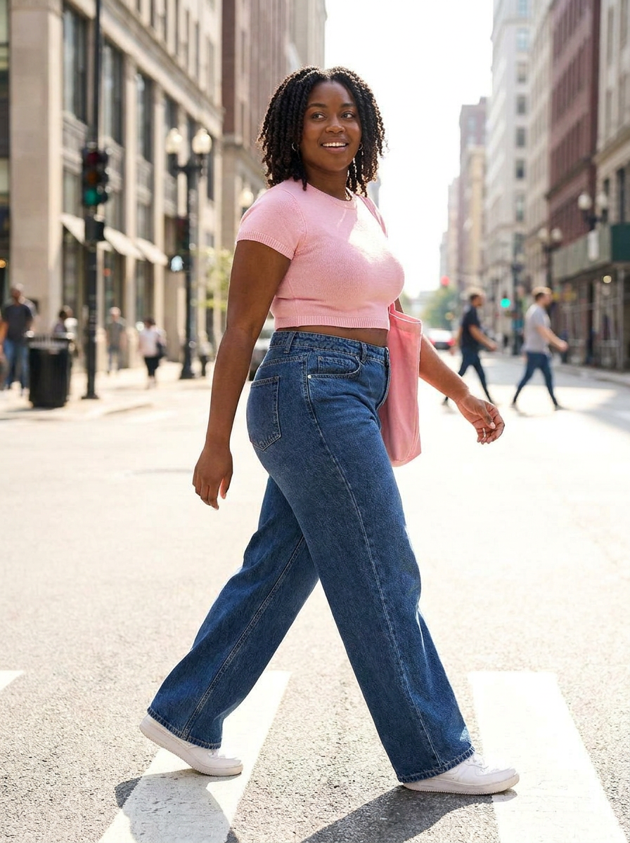 Sculpt Wide Leg BBL Jean walking in the city, mid-size model