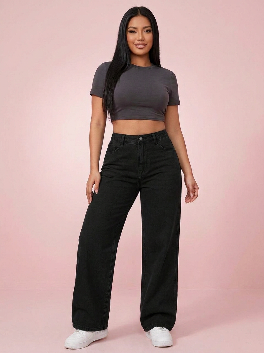 Sculpt Wide Leg BBL Jean in black, front view