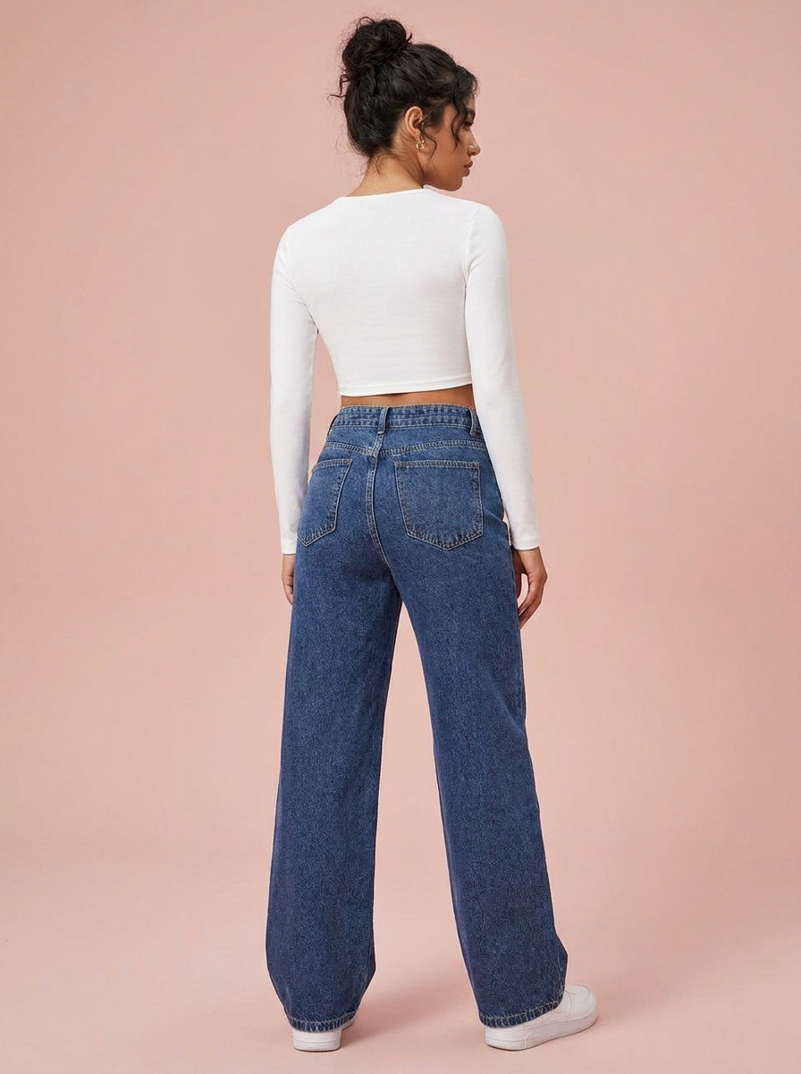 Sculpt Wide Leg BBL Jean in dark blue, back view, petite model