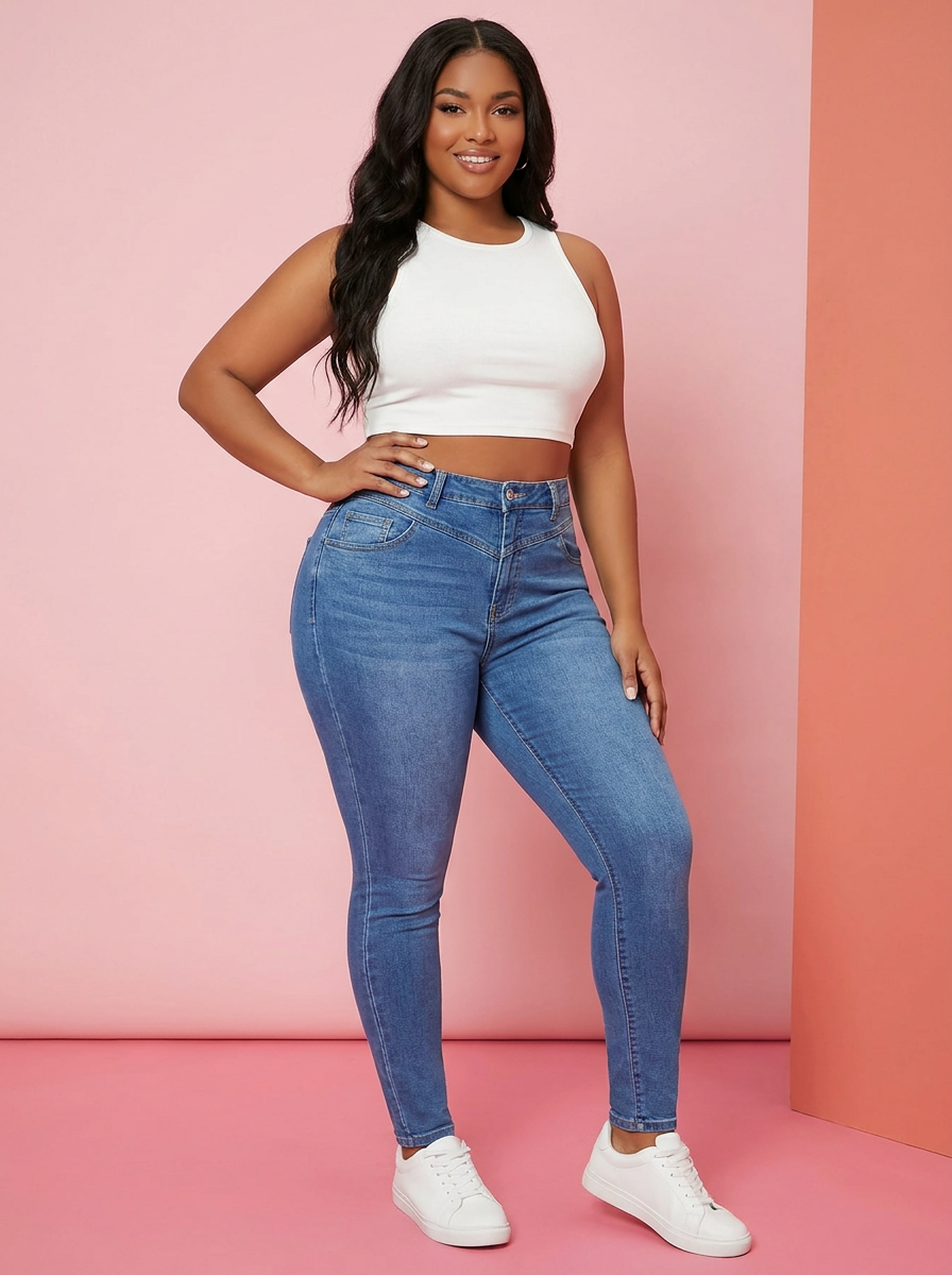 Sculpt Skinny Jean front view, curvy model